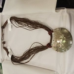 Brown rope iridescent pendent necklace.